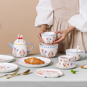 Service de table de Pâques en céramique motif lapin de dessin animé : tasses, assiettes à poisson, bols à riz, théières, tasses, assiettes - Product Image 2