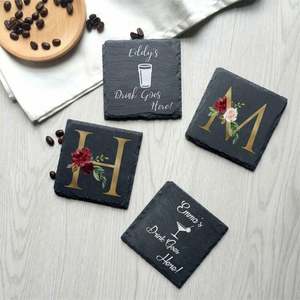 Custom logo Black Non-Slip Engraving Drink Slate Stone Bulk <b>Coasters</b> <b>Set</b> Wholesale Blank Promotion Gift Box With Holder - Product Image 4