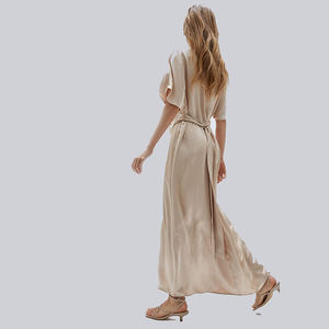 אופנה נוחה צבע טהור שרוולים פרפר שרוולים v-back עניבות סאטן שמלה קצרה לנשים - Product Image 4