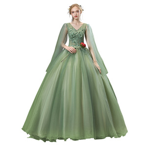 Green Long Evening Gown With Puffy Skirt Deep V Neck Stage Performance Dress For Women Adult Vocal Arts Choir Folk Songs Bel - Product Image 5