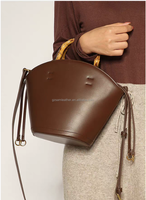 SAM Tas Tangan Wanita Kulit Asli Retro Model Bucket Besar Bentuk Setengah Bulan Penutup Hasp Pegangan Bambu Tahan Air Awet