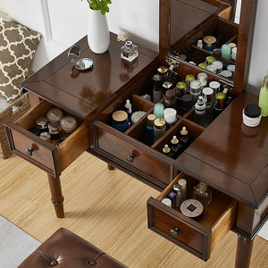 Table de maquillage en bois massif de style américain avec miroir, coiffeuse intégrée pour chambre à coucher, petite console moderne avec rangement - Product Image 5