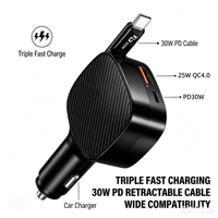 Chargeur de voiture USB-C multifonctionnel 3 en 1 85W avec câble USB-C rétractable QC 3.0 Super rapide