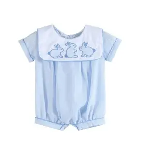 Personalized Baby Summer Romper Embroidery Newborn Baby Romper Blue Seersucker Kids Rompers