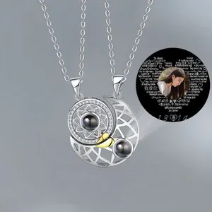 Korean New Sun And Moon Debuts Clavicle Chain One Hundred Languages Projection Pendant Couple Gift Stitching Necklace