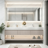 Meuble de salle de bain d'hôtel en bois massif avec plan de travail en pierre frittée et double vasque en céramique intégrée, vente directe d'usine OEM/ODM