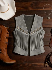 Wholesale New Western Cowgirl Faux Suede Sleeveless Vest Metal Rivet Fringe Open Front Slim Vintage Ethnic Layering <strong>Waistcoat</strong> - Product Image 4