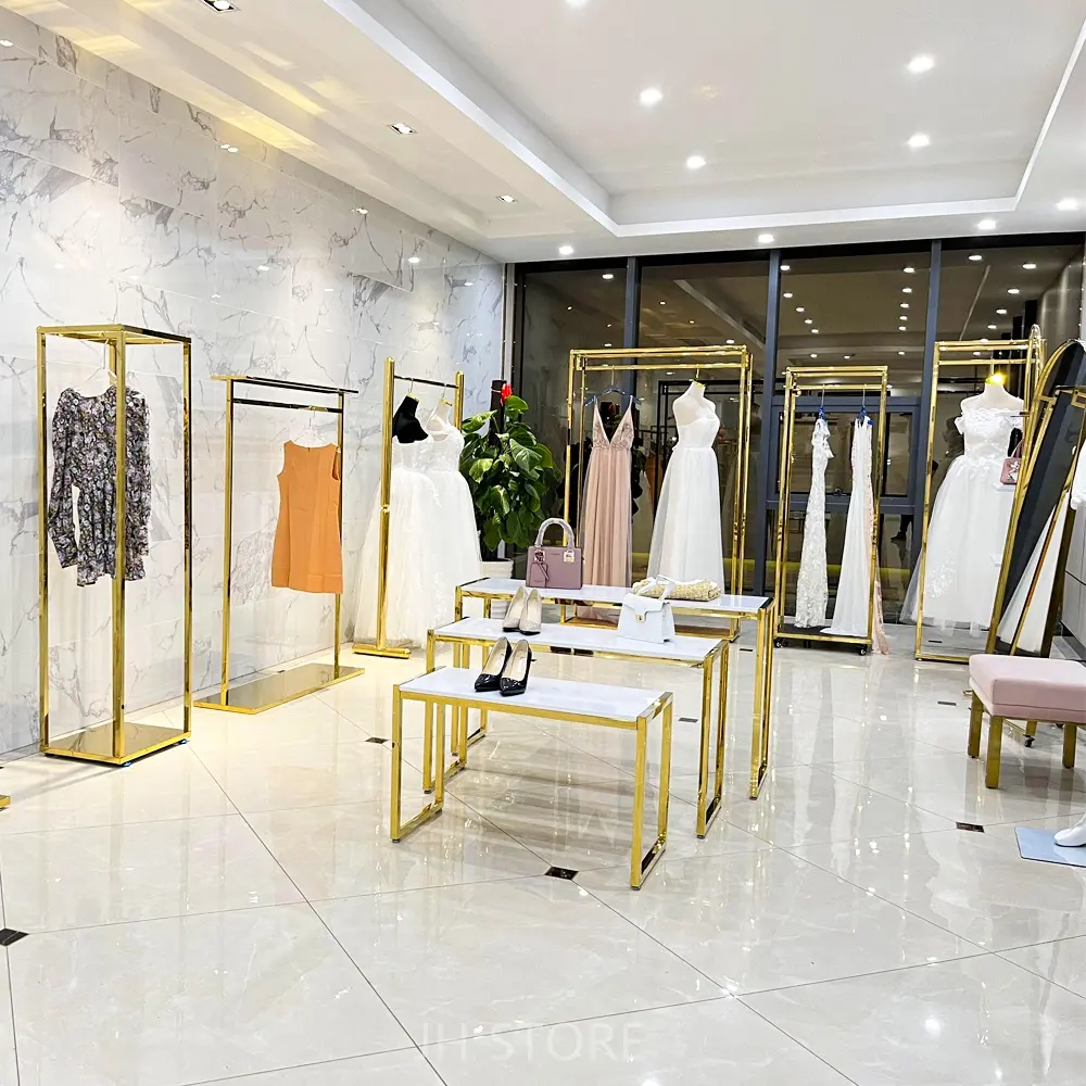 New fashion shiny gold rose gold clothing rack garment clothing rack antique stand for clothing store