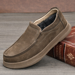 Men Winter Warm Genuine Leather Slip On Shoes Round Toe Plush Lining Rubber Outsole Comfortable Low Cut Boots - Product Image 1