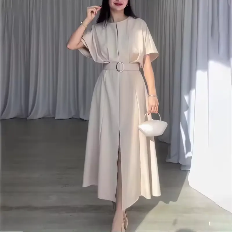 2024 Latest Women Office Dress Designs Middle Open A line Short Sleeve Work Casual Elegant Formal Ladies Dresses With Belt