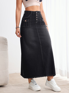 <span class=keywords><strong>Falda</strong></span> <span class=keywords><strong>vaquera</strong></span> maxi de cintura alta para mujer, <span class=keywords><strong>negra</strong></span> lavada, con múltiples botones, bolsillos con solapa y dobladillo deshilachado, al por mayor - Product Image 6