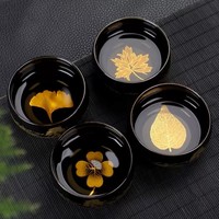 Tasses à thé en céramique noire émaillée à feuille d'or pour la dégustation du thé Kung Fu, petits bols à thé, tasses à thé pour la réception à domicile, emballées dans un coffret cadeau