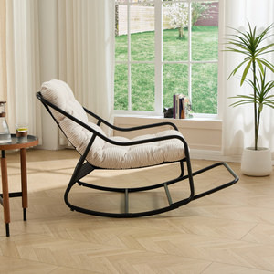 Silla mecedora para exteriores con cojín suave y grueso, marco negro, cojín blanco, para sala de estar, dormitorio, sala de lectura - Product Image 4