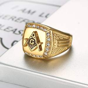 Anillo Masónico AG de Acero Inoxidable, Chapado en Oro al Vacío, con Circonita Cúbica, Joyería Masculina, Anillo de Sello de Sociedad Secreta, Anillo Vintage de Hiphop, Regalo Personalizado - Product Image 3