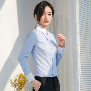 Blanco y azul 60% poliéster 40% algodón manga larga traje camisa niñas blusas y camisa de oficina - Product Image 3