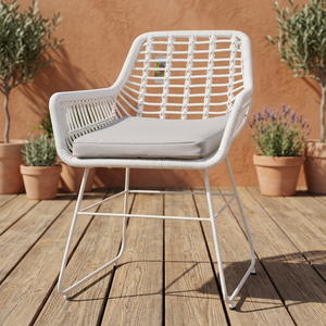 Fauteuil de jardin moderne en rotin blanc de qualité supérieure avec coussin gris, structure métallique pour terrasse et balcon - Product Image 5