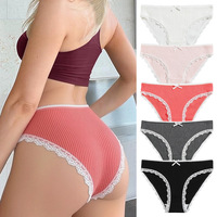 ODM&OEM Celana Dalam Wanita Mid-Rise Tipis Katun Bergaris Bernapas Seksi dengan Renda, Pita, Bordir, Polos, dan Logo di Pinggang