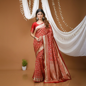 AARA Fashion Sari en soie rouge avec broderie Zari dorée, tenue de mariage indienne traditionnelle pour femme, longueur au sol, coupe classique, toutes saisons, soleil - Product Image 1