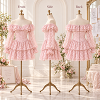 Robe mini personnalisée pour femme, en dentelle florale, à volants, épaules dénudées, corsage corset, manches longues bouffantes, jupe étagée, coupe trapèze