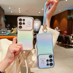 Mạ điện mềm TPU bảo vệ trường hợp điện thoại với dây đeo cổ tay cho Samsung S25 siêu S24 cộng với Laser đầy màu sắc lượn sóng khung trái tim trường hợp - Product Image 4