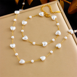 Elegant Heart Pearl Necklace And <b>Bracelet</b> <b>Set</b> Women's Fashion Jewelry Imitation Pearl Gold Chain Gift <b>Set</b> - Product Image 1