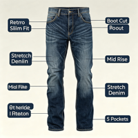 Jeans slim bootcut pour homme, taille basse, en coton et élasthanne, denim rétro western, cinq poches, décontracté
