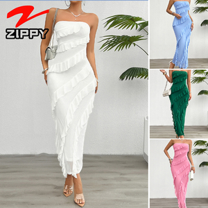 OEM ZIPPY personalizzato di alta qualità alla moda senza spalline <span class=keywords><strong>in</strong></span> Mesh con volant Maxi <span class=keywords><strong>abito</strong></span> aderente con spacco posteriore elegante <span class=keywords><strong>abito</strong></span> lungo da spiaggia - Product Image 2
