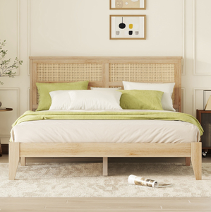 Modern Minimalist <b>Queen</b> <b>Size</b> Wooden Adjustable <b>Bed</b> Eco-Friendly Spacious Underbed Storage Rubber Wood Rattan Apartment-Friendly - Product Image 1