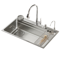 Évier de cuisine monobac en acier inoxydable avec rince-verre, robinet extractible et eau filtrée pour usage en cuisine