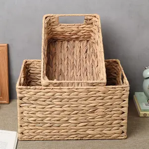 Eco-friendly Recycled Degradable Square Water Hyacinth handmade Storage Rectangular Wicker Woven Basket For Bakery and Kitchen
