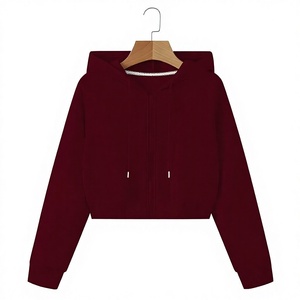 Sudadera con capucha corta para mujer, de manga larga, color liso, de algodón de rizo, para invierno, con logo frontal, de algodón de rizo, para otoño - Product Image 1