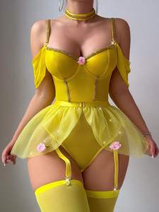 New Yellow Flowers Sexy Lingerie Set Strappy Lace-Up Backless Bodysuit With Leg Straps Lace Mesh Trim Three-Piece Set - Product Image 6