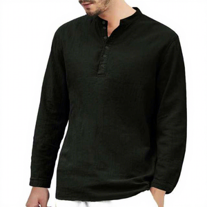 Camisa de Hombre de Verano, Transpirable, de Lino y Algodón, Satén, Informal, Antiarrugas, con un Solo Botón, Cuello Camisero, Manga Larga, Lisa - Product Image 1