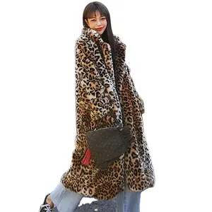 Warm Women Faux Leopard Plush Fake Fur Long Coat Fancy Leopard Faux Fur Coat