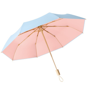 Three Fold Women's Gold Wooden Handle Folding <b>Umbrella</b> with Fresh Color Glue Small Size Sunshade Gift for Wholesale - Product Image 1