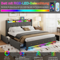 Cadre de lit élégant en tissu gris avec 4 grands paniers de rangement, boutons dorés, chargement USB-C et lumières RGB activées par la musique