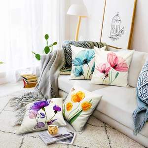 4 Fundas de Almohada Decorativas de Lino Ecológico con Diseño Floral Clásico <span class=keywords><strong>en</strong></span> <span class=keywords><strong>Acuarela</strong></span>, Cierre de Cremallera, Personalizables, Rosa/Amarillo/Azul, Tulipán - Product Image 3