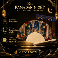 Éventail pliant en bois islamique avec motif mosquée, cadeau de l'Aïd, souvenir de festival