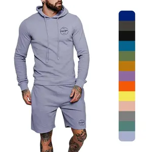 Chándales de Jersey Morado para hombre, conjunto de pantalones cortos y Sudadera con capucha ajustada de lana con logotipo personalizado, conjuntos cortos de dos piezas para hombre