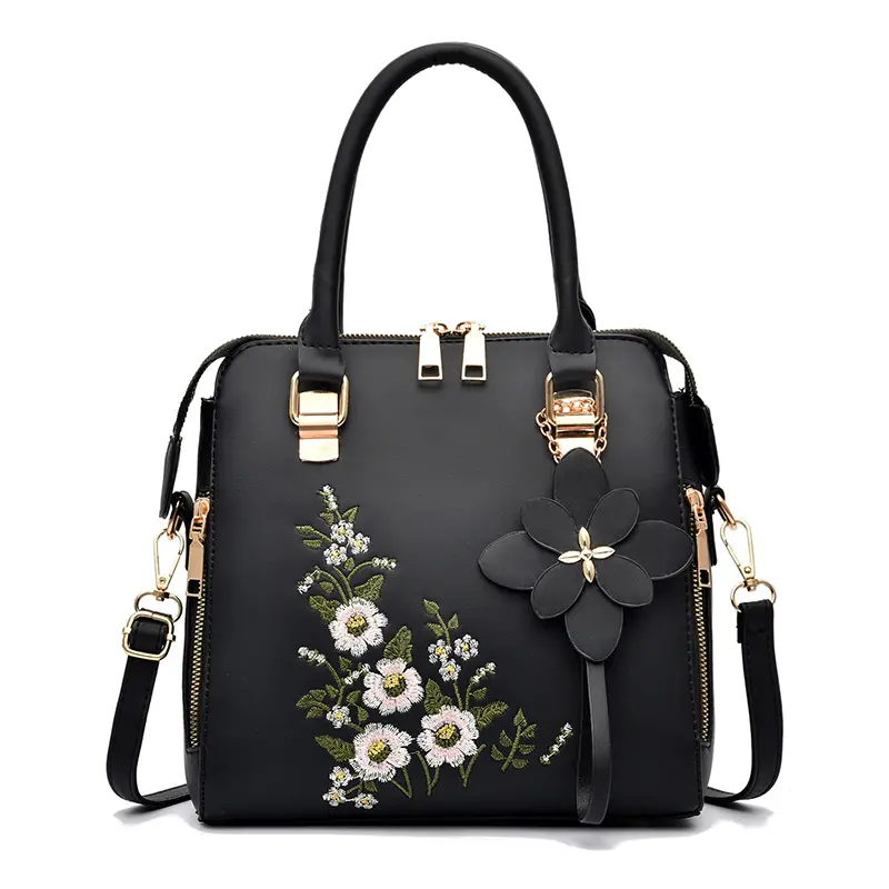 2022 Cute Big Fashion Shoulder Ladies Blue Floral Embroidery Designs Leather Womens Hand Bags