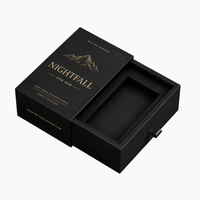 Boîte à parfum personnalisée noire avec tiroir, motif Montagne Dorée, ruban noir, emballage de luxe pour la vente au détail