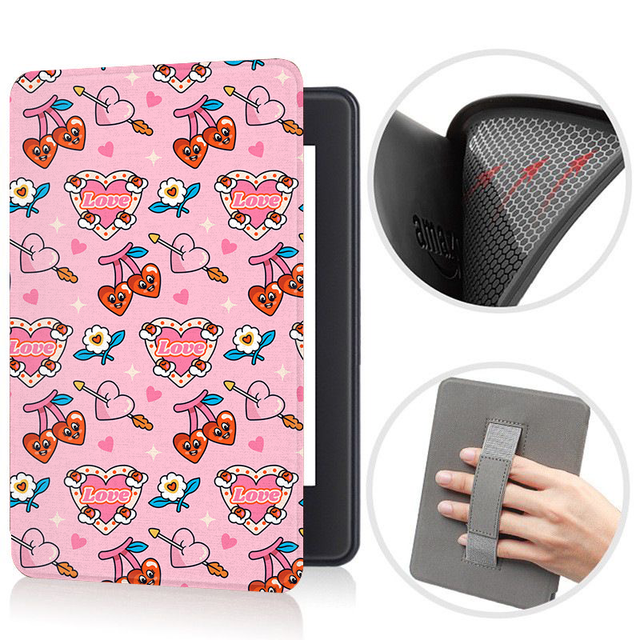 Custom Print PU Leather Clear Case Auto Sleep Wake TPU Kindle Paperwhite Cover Cases with Hand Strap