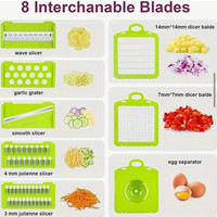 Hachoir manuel multifonctionnel portable 14-en-1 pour oignon et légumes, coupe-légumes manuel 16-en-1