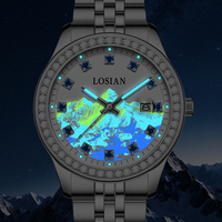 LOSIAN L2333 Montre mécanique automatique de luxe Fashion Explorer, cristal saphir, lunette sertie de diamants, résistante à l'eau 50M, acier inoxydable