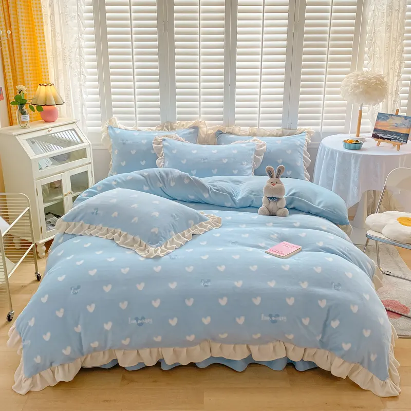 Wholesale 100% Polyester Warm Velvet Plush Mink Fluffy Furry Bed Sheets Baby cashmere orange Bedding Set