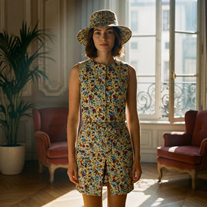Ensemble gilet et jupe personnalisé à motif floral <span class=keywords><strong>pour</strong></span> femme, veste sans manches dos nu, crop top à nœud papillon et jupe, été - Product Image 1
