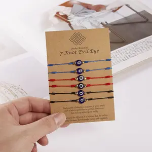 Pulseiras artesanais de 6 peças, de cartão, vermelho, azul, preto, 7 nó, encantos, conjunto de pulseiras para os olhos, para homens, mulheres e bebês