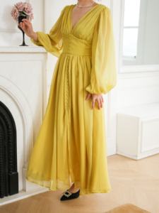 BSG <span class=keywords><strong>Garment</strong></span> <span class=keywords><strong>Fashion</strong></span> Plus Size Elegante Chique Hoge Kwaliteit V-hals Lange Mouwen Chiffon Feestjurk met Spleet Maxi Jurk voor Dames - Product Image 2