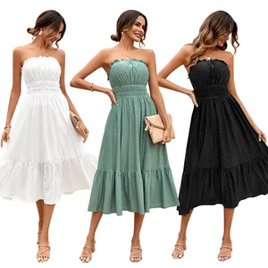 Apparel Wholesale New Strapless A Line Dress Vestidos Blanco De Mujer Para Ninas Go Out High Waist Tube Top Dress Casual Dresses