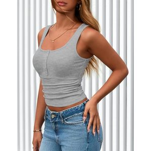 Camiseta sin mangas de punto acanalado para mujer, estilo Henley con botones, corte ajustado, informal, básica, de algodón y spandex, transpirable, para verano. - Product Image 4
